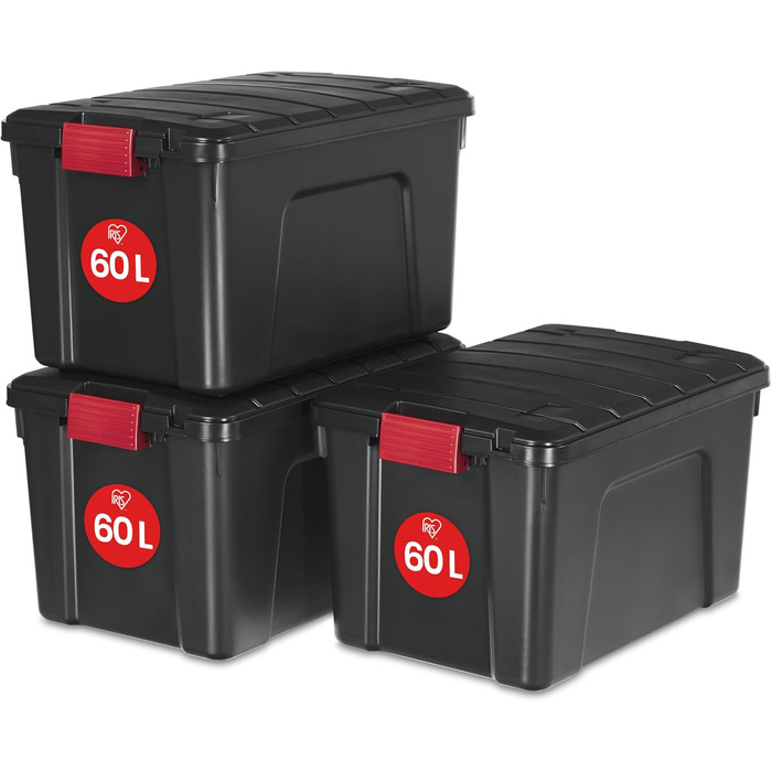 Iris Ohyama Large Plastic Storage Box, 60L Garage Storage Box, 3-Piece Set, SIA-60, Black, Stackable, Binder Clips? B59 x D39.5 x H35.5 cm