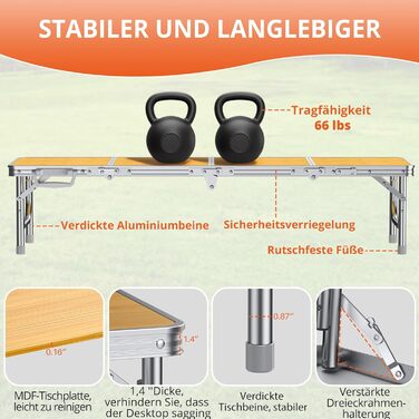 Складний кемпінговий стіл FUNYKICH 116x40x26 см, жовтий - алюмінієвий, MDF стільниця, з сумкою для перенесення