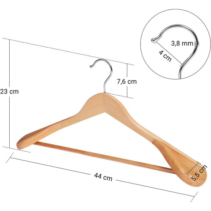 Набір вішалок для одягу SONGMICS, 6 шт., з масиву дерева, широкі плечі, антиковзні, для сорочок, пальто, курток, штанів, костюмів, поворотний гачок 360°, колір: дерево