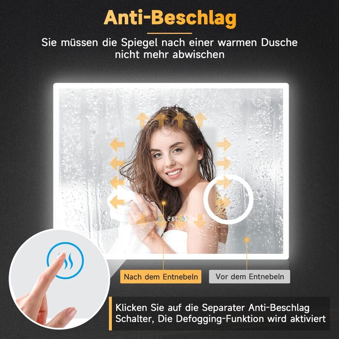 Дзеркало для ванної кімнати SONNI з підсвічуванням 80x60 см, 3 кольори світла, проти запотівання, LED, сенсорна кнопка, годинник, температура, 3-кратне збільшення