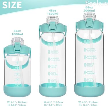 2l Glass Bottle | Drinking Bottle Glass with Straw & Time Marker, Leak-Proof 2 liter Large Glass Water Bottle for Smoothie, Carbonated Drinks Suitable, Dishwasher Safe (Light Green, 2000 ml)