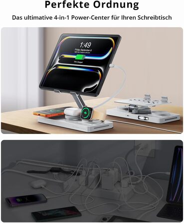 Зарядна станція Geekera 4-в-1 для Apple: кабель для iPad, магнітна бездротова зарядка iPhone Air/12-17, Apple Watch, AirPods (Металевий білий)