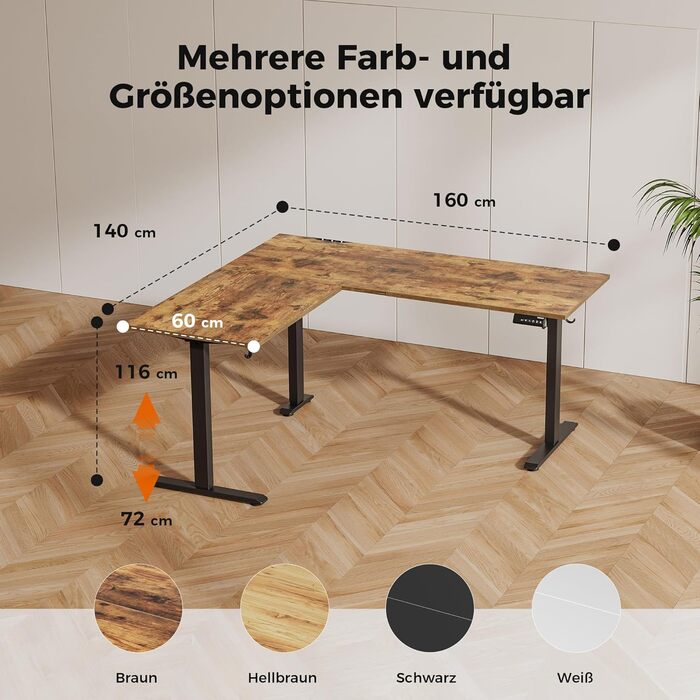 Регульований кутовий стіл Agilestic з підйомним механізмом, 160 x 140 см, коричневий
