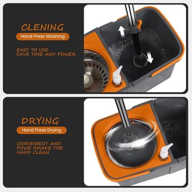 Набір для миття підлоги Rainberg Spin Mop з відром: 3 змінні насадки, висувний 130 см, мікрофібра, самовіджимання, сірий та помаранчевий