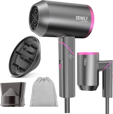 Складаний фен DEWILY Profi: потужний, тихий, для подорожей, 3 режими, 2 насадки (сірий)