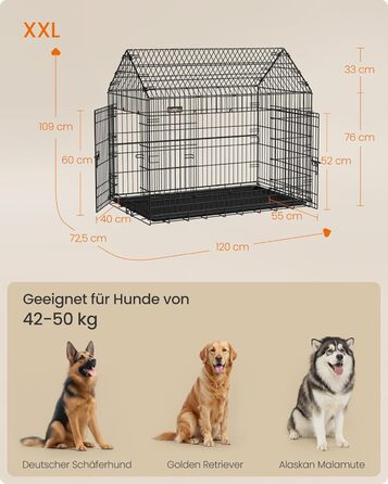 Клітка для собак Feandrea, 120x72.5x109 см, металева, розкладна, XXL, для великих собак, з подвійними дверцятами, легко миється, чорна