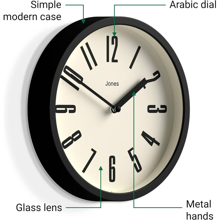 JONES CLOCKS® Hot Tub Wall Clock | Small Retro Round Clock | 20cm | Easy-to-read numbers | Ideal for kitchen, office, kids' room, or any small space (Black)