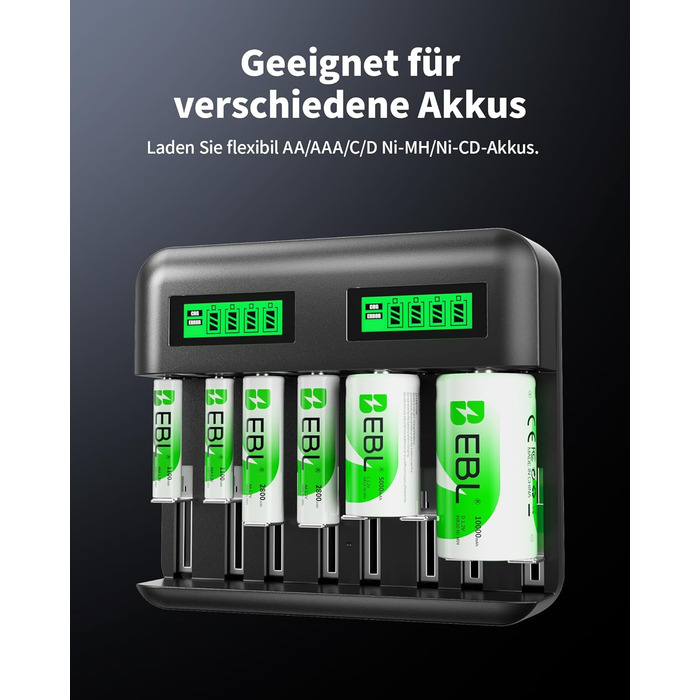 Зарядний пристрій EBL для акумуляторів AA AAA C D NI-MH, Type-C, LCD дисплей, швидка зарядка (зарядний пристрій + 4 x C)