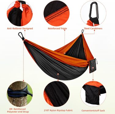 Гамак для відпочинку на природі, кемпінгу, 300 кг, 200 x 300 см, легкий, портативний, для одного або двох, нейлон, дихаючий, зелений (чорний)