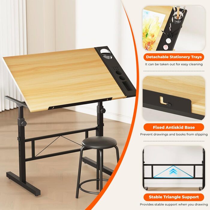 Adjustable Drafting Table with Tilt - 0-60° - Drawing Table, Computer Desk with Stool & Storage Cabinets - Wood Finish