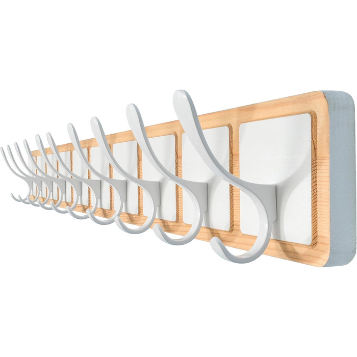 SKOLOO Coat Rack Wood - 44cm, Engraved Design, Sturdy Wall Hooks with 6 Hooks, for Hanging Clothes, Coats, Hats, Jackets, Scarves, Backpacks, Hook Rail Wood All White