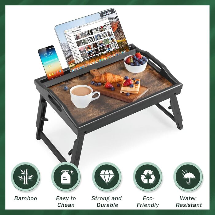 Регульований стіл-поднос для сніданку з бамбука з підставкою для телефону (2 шт.)