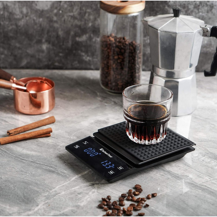 Ваги для кави KitchenTour з таймером, 3 кг/0,1 г, висока точність, Pour Over, Drip, Espresso, LCD-дисплей, батареї в комплекті