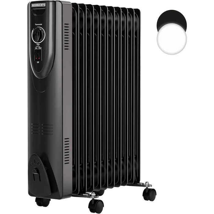 Електричний масляний радіатор Heinrich з 13 ребрами, 2500W, з вентилятором, терморегулятором, захистом від перегріву та нахилу, чорний