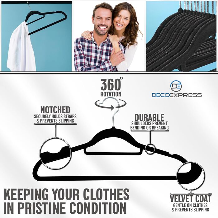 Плечики для одягу Deco Express Klassische Kleiderbügel Samt, велюрові, антиковзаючі, економія місця, набір (50 штук, чорний)