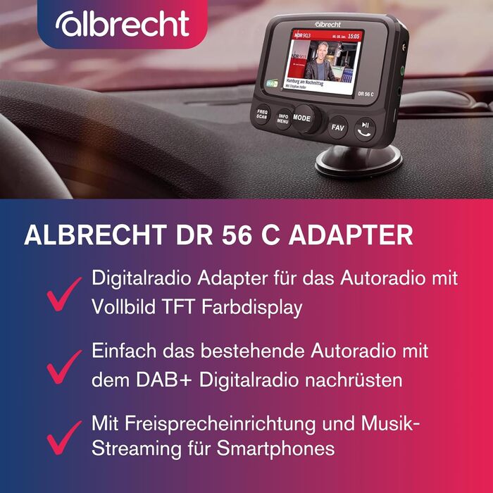 DAB+ адаптер Albrecht DR 56 C для автрадіо з FM-трансмітером, музичний стрімінг, кольоровий дисплей, чорний