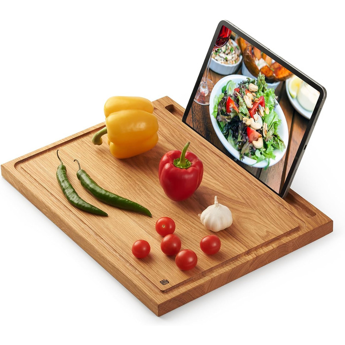 Edelding Cutting and Serving Board made of high-quality oak, 40 x 30 cm in size, with a juice groove and tablet holder | Antibacterial kitchen board | Serving board, breakfast board, solid wood board