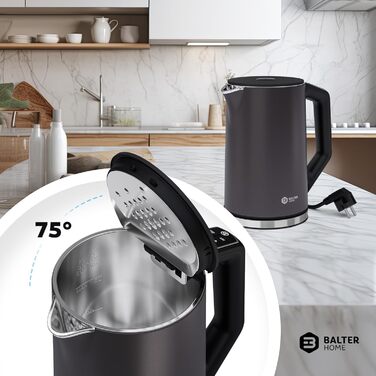 Balter Stainless Steel Electric Kettle with Temperature Control - 40°C to 100°C, Double Wall, BPA Free, 1.7L, 2200W, Quiet Kettle - Dark Grey
