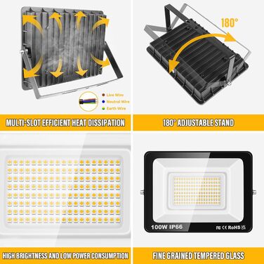 RIGIDON 2x 75W LED Floodlights Outdoor, 7500LM Outdoor Spotlight, 3000K Warm White IP66 Waterproof LED Floodlight, Outdoor Lamp for Garden, Courtyards, Garage, Hotel, Sports Field, Workshop (1 x 100W)