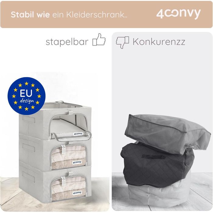 4CONVY Коробка для зберігання одягу з блискавкою та металевим каркасом - 3x24L, сіра, з вікнами (2 шт.) [2024, покращений матеріал]