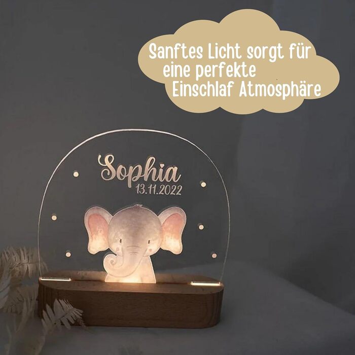 Wonderwish - Personalized Night Light for Babies - Individual Nightstand Lamp for Children - Personalized Gifts for Kids - Baby Gift - Newborn Gift (Elephant)