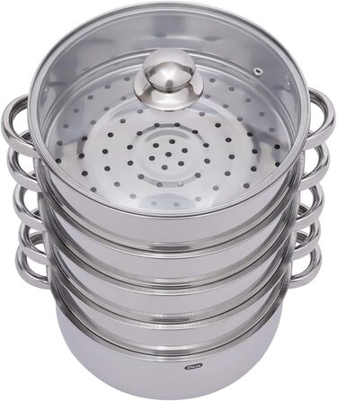 Паровар багаторівневий 5-ти ярусний, пароварка індукційна з нержавіючої сталі, парові грати, пароварка, каструля-пароварка з кришкою з термостійкого скла, діаметр 30 см