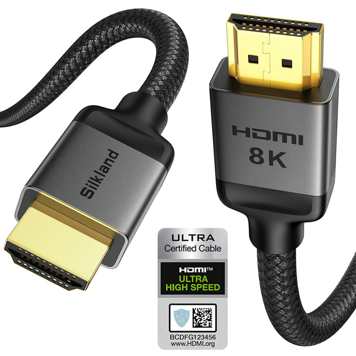 HDMI 2.1 кабель Silkland 2м: 8K@60Hz, 4K@144Hz, eARC, HDR10, Dolby Atmos, 48Gbps, для HDTV, PS5, Switch, PC