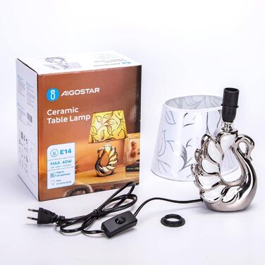 Стійка лампа Aigostar з кераміки, вінтажна настільна лампа з тканинним абажуром, патрон E14, макс. 40W, сучасна лампа для нічного столика, нічник для спальні, вітальні, офісу (без лампочки) - H235mm (Білий лебідь - H310mm)