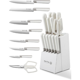 Набір кухонних ножів Qianying з блоком: 14 предметів, нержавіюча сталь, з точилкою, срібний колір, подарунок для мами
