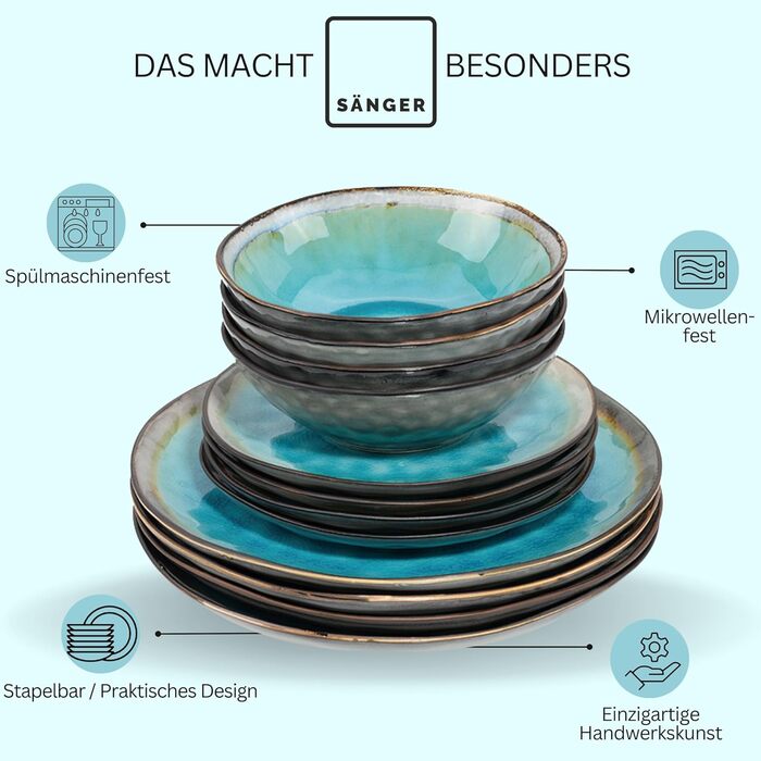 SÄNGER | Capri Tableware Service, 24-Piece Plate Set for 8 People, Stoneware Dinnerware Plates Set Dessert Plates Dinner Plates & Bowls, Handmade Plates, Turquoise Blue Dinner Service with Grey Rim, 24-Piece Tableware Set