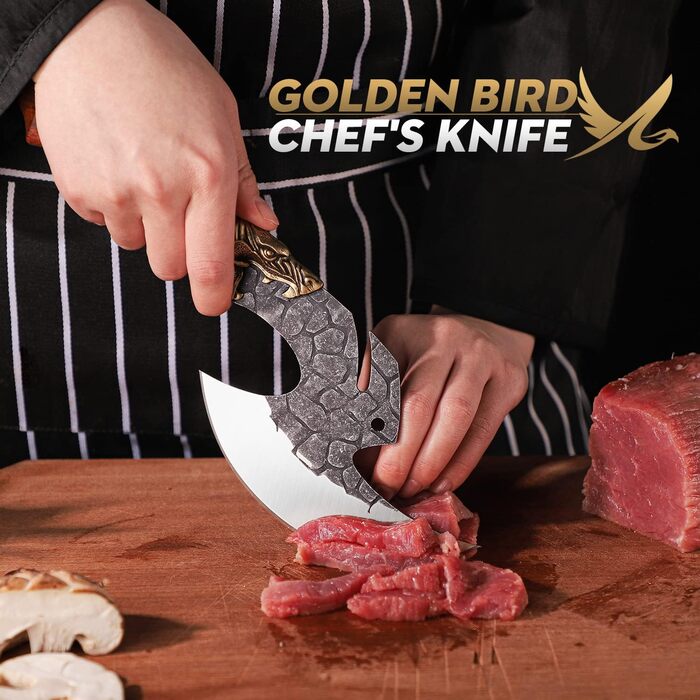 Handgeschmiedetes кухонне м'ясне та філейне ножа Golden Bird з PU-чохлом для кемпінгу, барбекю, гриля, оригінальна сокира Wikinger