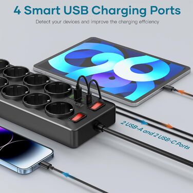 Многорозетка з USB, 11 розеток, з вимикачем, 2 USB-A та 2 USB-C порти, 4000W, 16A, 2M кабель, для дому, школи, офісу - Чорний