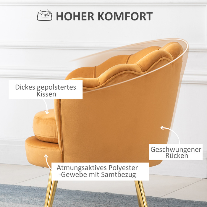 HOMCOM Shell-Shaped Upholstered Armchair Relaxing Chair with Metal Legs, Vanity Chair with Velvet-Look Fabric, for Bedroom Living Room, Yellow | Aosom