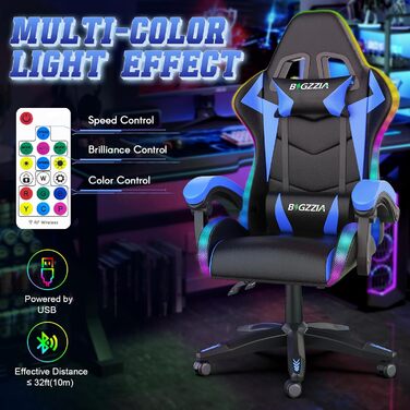 Геймерське крісло Bigzzia з RGB підсвіткою та підголівником, ергономічне крісло для комп'ютера, блакитне LED