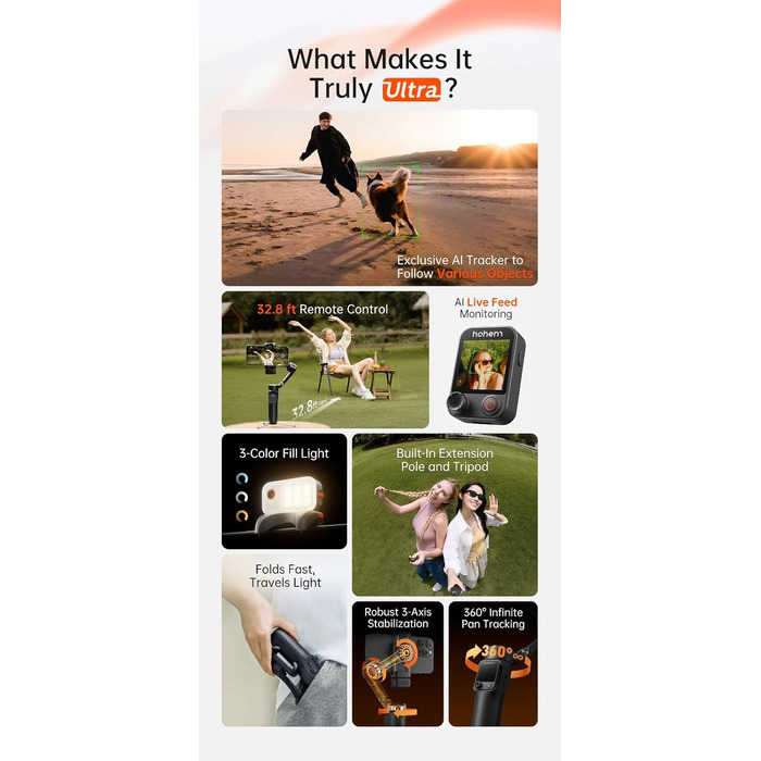 Стабілізатор Hohem iSteady V3 Ultra для смартфона: AI-трекінг, керування жестами, від'ємна рукоятка, екран 2.2'' та штатив, чорний