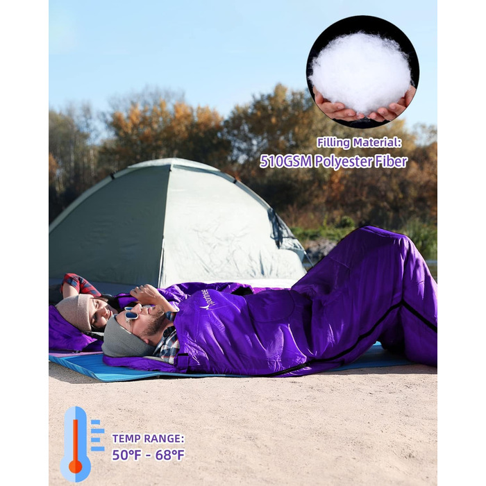 Спальний мішок Outdoor Sportneer для дорослих та дітей - легкий, портативний, для кемпінгу, походів, рюкзаків, 220x75см, фіолетовий