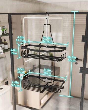 HapiRm Shower Shelf to Hang with Razor Holder & Soap Holder, Hanging Shower Shelf with Multiple Hooks - High-Quality Hanging Shower Basket Stainless Steel No Drilling, Black
