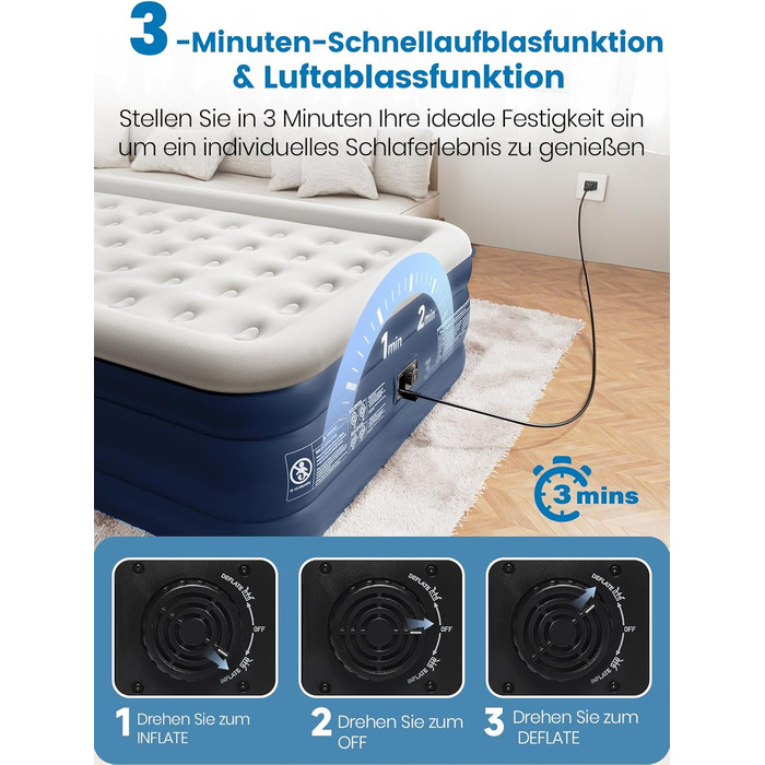 Надувне ліжко для двох осіб, самонадувна повітряна матрац для гостей з вбудованим насосом (3 хвилини), захист від проколів, надувна матрац для кемпінгу та дому, 203x152x46 см, максимальне навантаження 363 кг