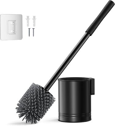 Набір для чищення унітазу Hamitor: щітка з силікону та нержавіючої сталі, кріплення на стіну без свердління, швидке висихання, для ванної кімнати (Чорний)