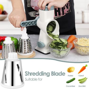 Ручна тертка для сиру та овочів Dreamhigh з ручкою, 3 змінні леза з нержавіючої сталі, для сиру, овочів, горіхів, моркви, огірків, білий колір