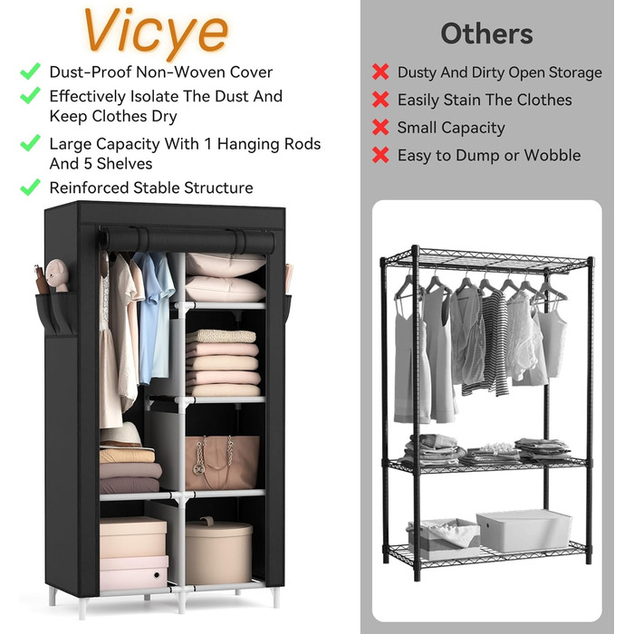 Wardrobe, Portable Fabric Clothes Closet with Clothes Rod, 6 Shelves, 4 Side Pockets, and Cover, Sturdy Clothes Racks for Bedroom Dressing Room (Black, 84 x 42 x 162 cm)