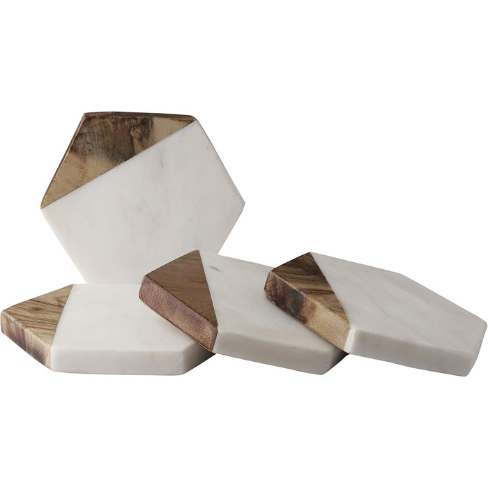 GoCraft Coasters made of marble and mango wood, handcrafted, geometric, white. Marble coasters for drinks, wine glasses, beverages, cocktails, and bar glassware, elegant home decor and