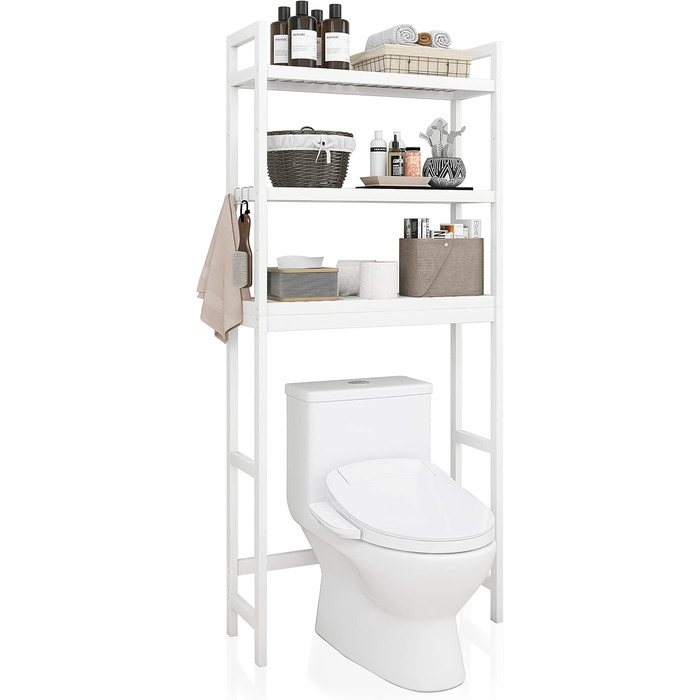 SMIBUY Toilet Shelf, Bamboo Toilet Rack, Adjustable Washing Machine Shelf, Bathroom Shelf with 3 Storage Shelves, Space-Saving, Easy to Assemble, White