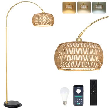 Rayofly Торшер для вітальні Bogenlampe, бохо стиль, ротанг, з пультом ДУ та LED-лампою, керування через додаток, димування, для спальні, офісу (Золотий)