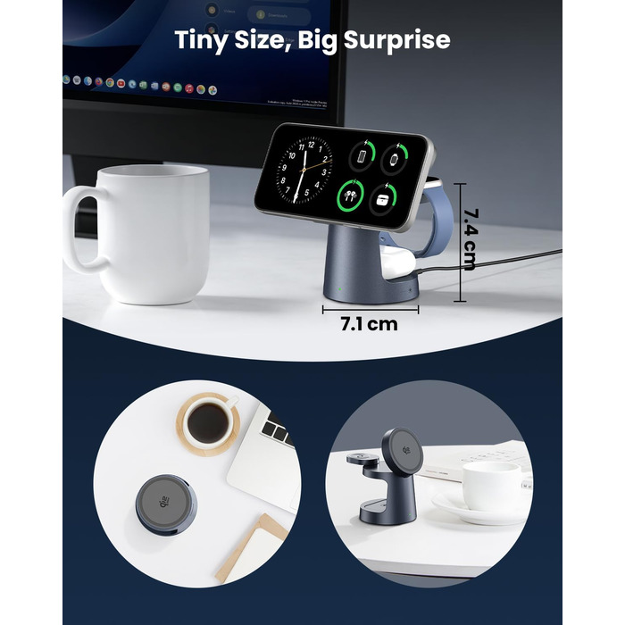 GEEKERA Qi2.2 25W 3-в-1 Бездротова зарядка з нічником: Складний MagSafe зарядний пристрій для iPhone 12-17, Apple Watch 2-11, AirPods + 45W GaN блок живлення (Gunmetal)