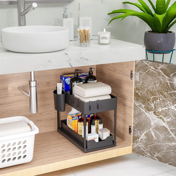 Puricon 2 Set Under Sink Shelf, Dish Cabinet Organizer, 2-Tier Stand Shelf Kitchen Countertop Organizer, Multifunctional Kitchen Shelf Spice Rack Under Sink Shelf Dish Cabinet Shelf - Black