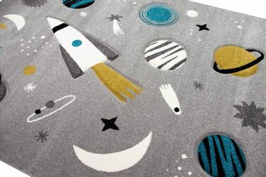 Merino Kids Space Learning Rug with Spaceship, Stars, and Planets in Gray, Size 200 x 290 cm