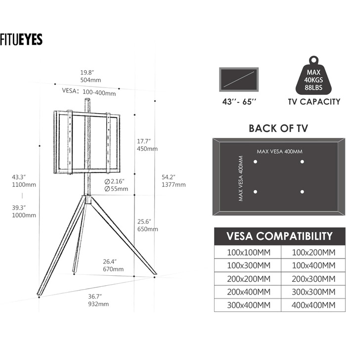 Підставка для телевізора FITUEYES 43-65 дюймів, настільна, регульована висота, чорна