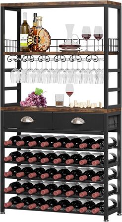 Homeiju Wine Rack, Freestanding Floor, Bar Cabinets for Liqueurs and Glasses, 4-Tier Bar Cabinet with Tabletop, Glass Holder, Storage Drawer and Wine Storage for Living Room, Kitchen, (Retro Black Brown)