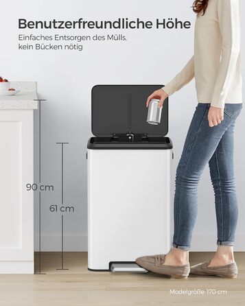 SONGMICS Відро для сміття кухонне, 40 літрів, з кришкою, з педаллю, Softclose, утримання кришки, біле LTB541E40